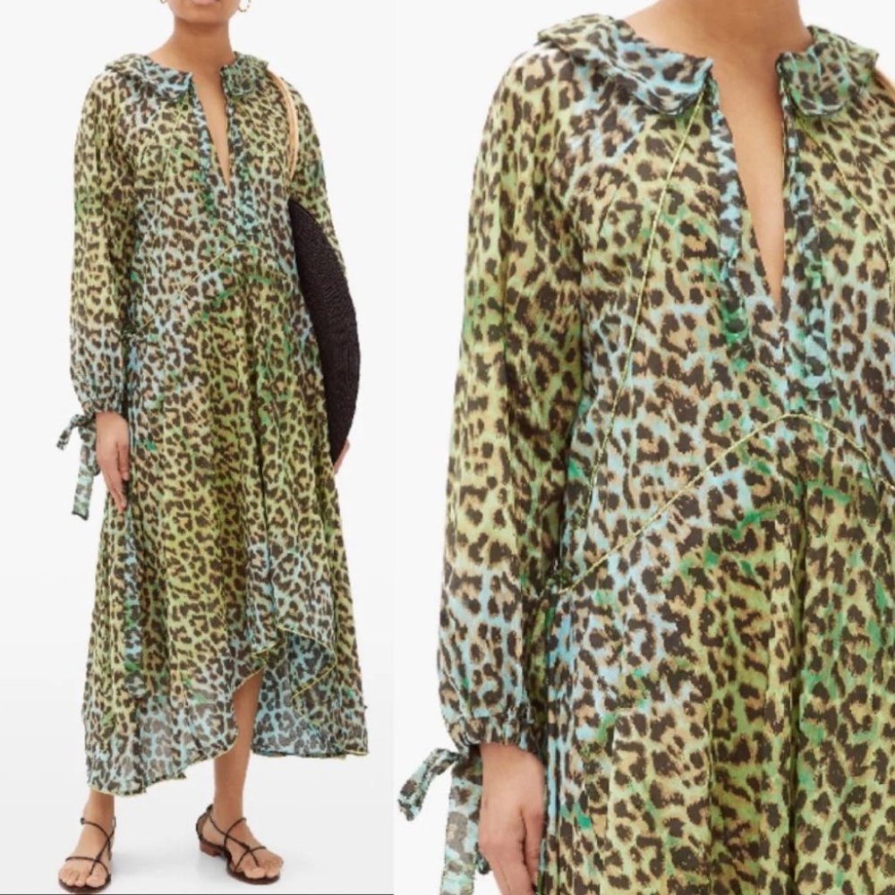 Juliet Dunn Leopard Green Cotton Maxi Dress with bows S 4 6 Small